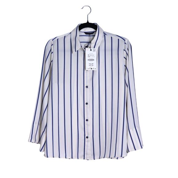 ZARA NWT Wide Sleeve Striped Blouse Blue Ivory Button Up Pinstripe Women's S - Picture 1 of 12